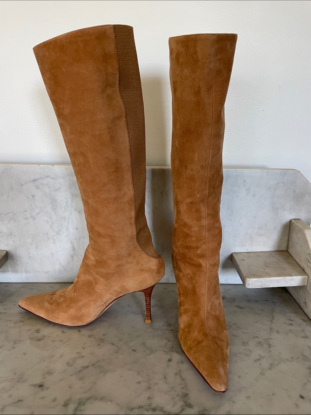 MANOLO BLAHNIK Pascalare Camel Suede Stretch Knee-High Boots 38